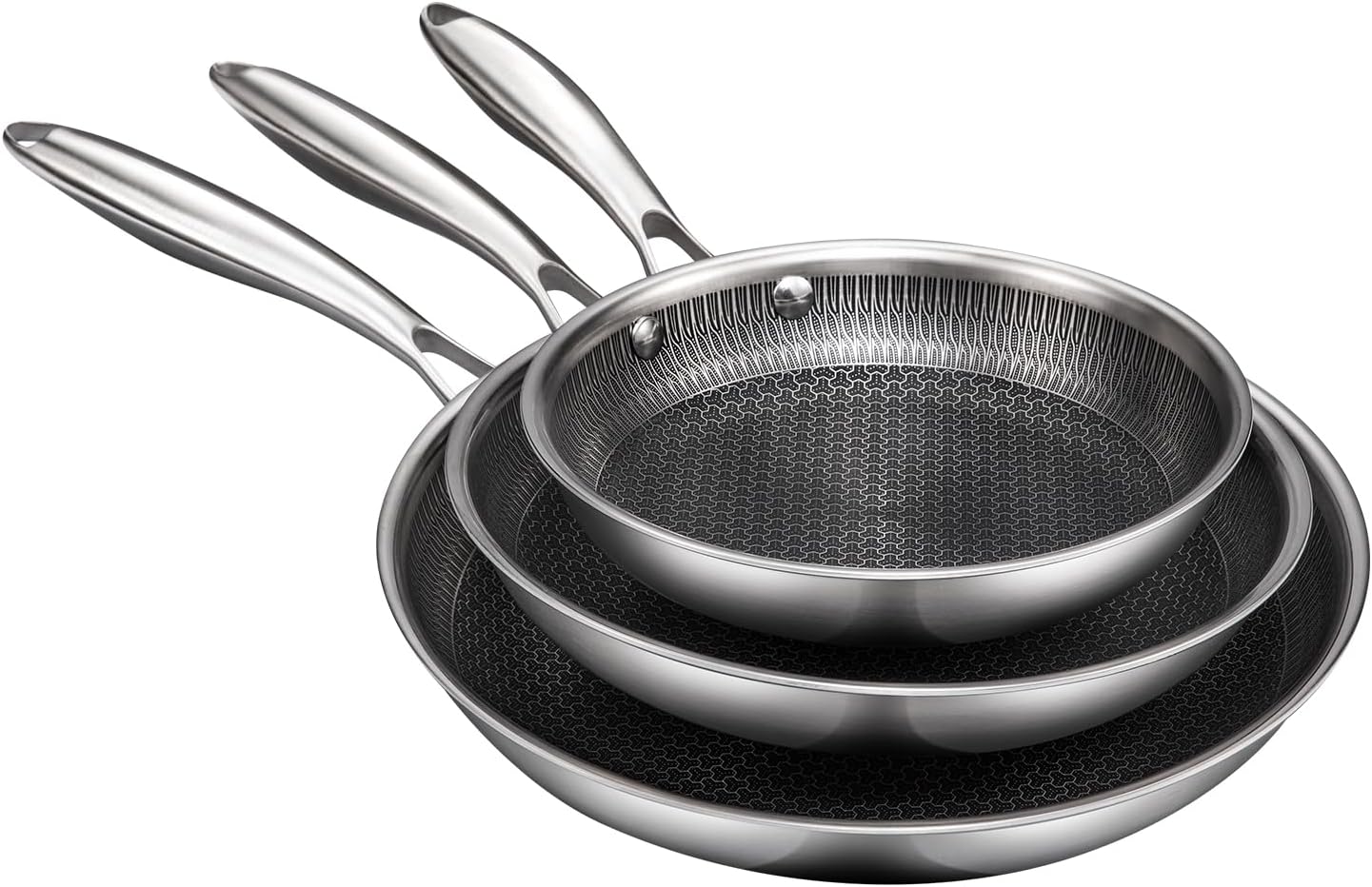 Set me 3 tigane me strukturë hojeje prej çeliku inox